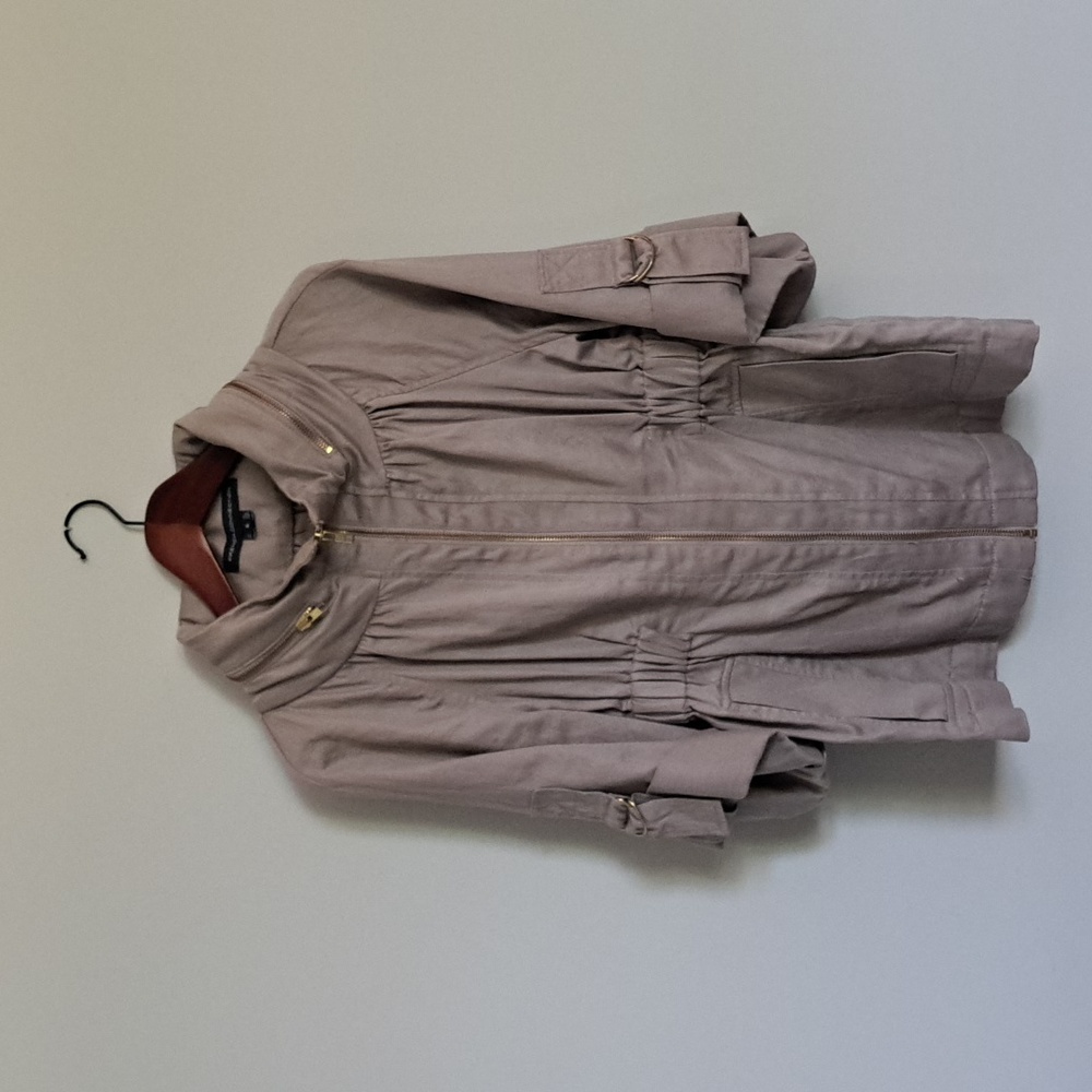 French Connection Linen Cotton Grey Beige Rolled Sleeve Jacket Hidden Hood Sz 6